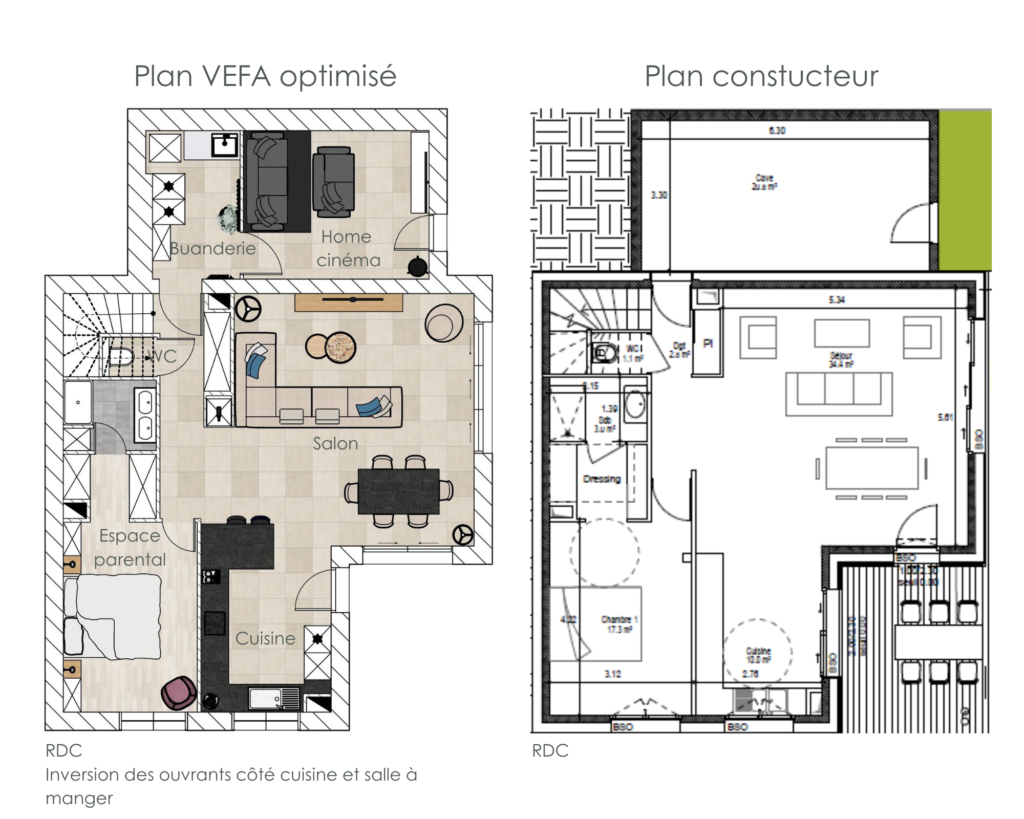 plan VEFA optimisé, inversion des ouvrants pièce à vivre