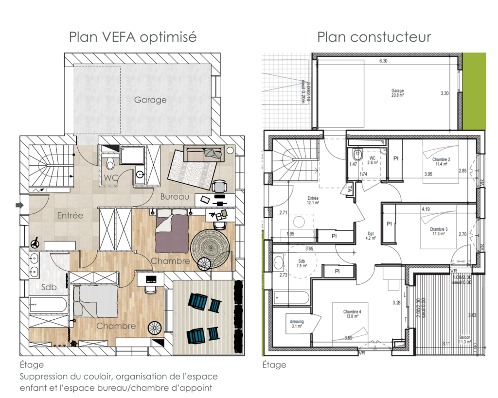 plan VEFA optimisé, suppression couloir