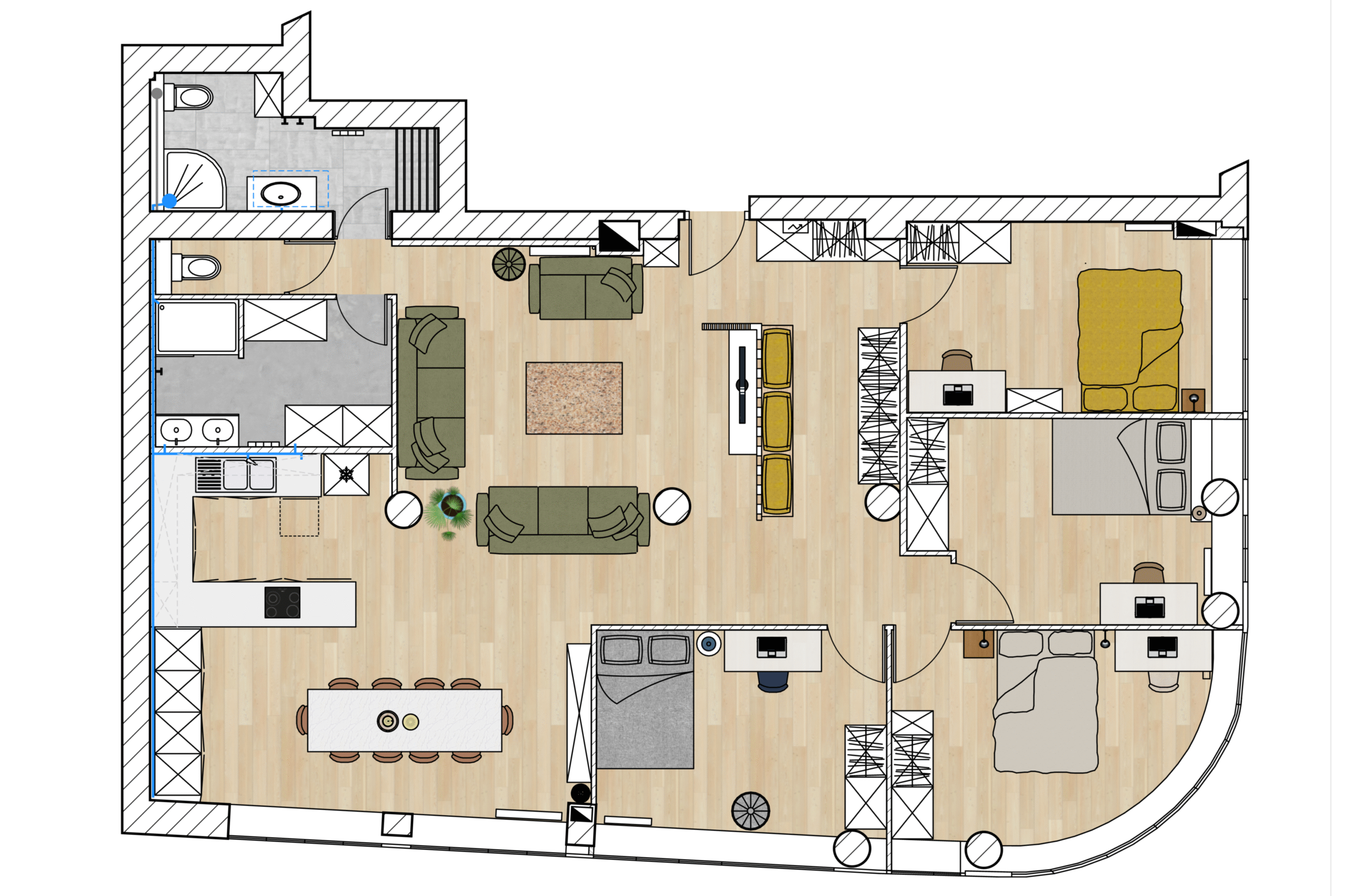 Plan optimisé d’un appartement rénové pour la location, avec création de chambres et réaménagement fonctionnel
