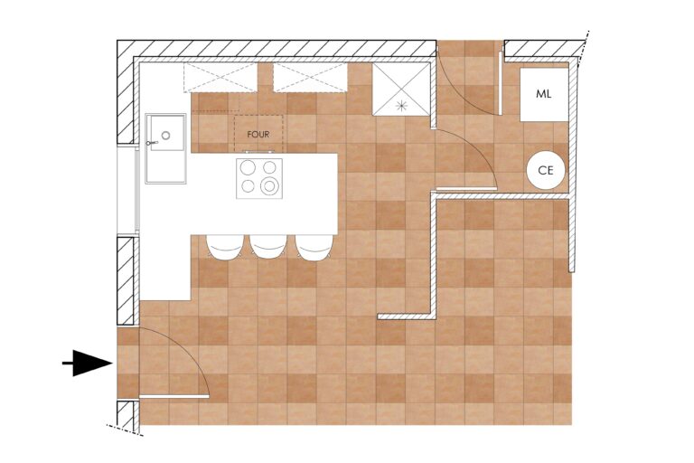 Plan d’état des lieux du projet Val montrant la configuration initiale de la cuisine avec un îlot central, peu de rangements et une circulation limitée vers la buanderie.