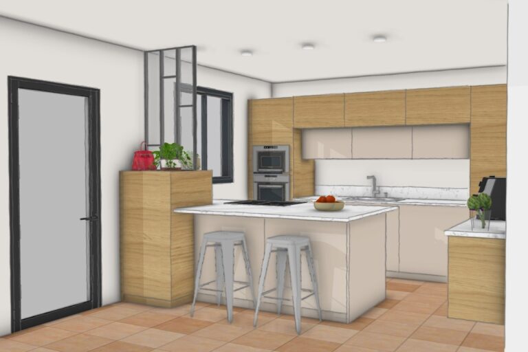 Perspective 3D du projet Val montrant une cuisine contemporaine avec îlot central, façades bois clair et laquées beige, plan de travail en granit et verrière noire côté entrée pour laisser passer la lumière.