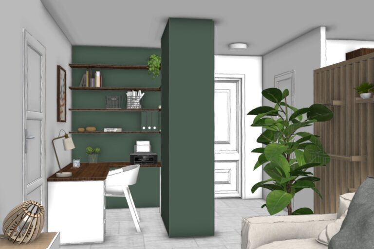 Vue 3D du coin bureau intégré dans la pièce de vie du T2 Le Séléné à Grenoble