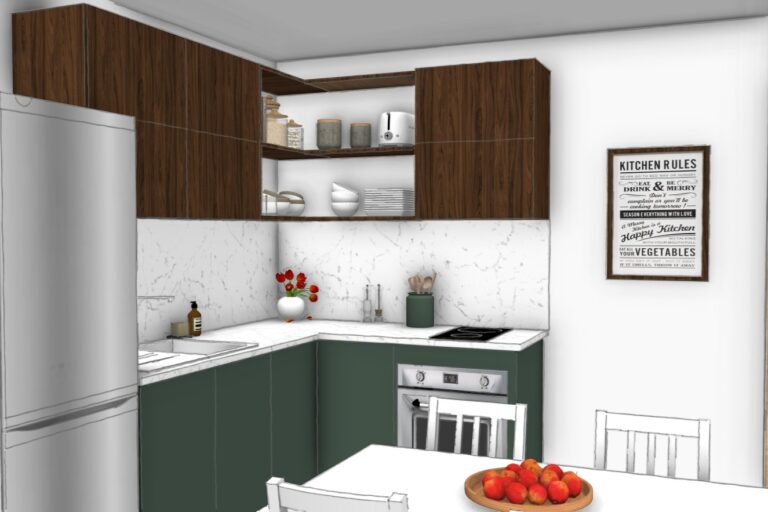 Vue 3D de la cuisine optimisée du T2 en VEFA Le Séléné à Grenoble