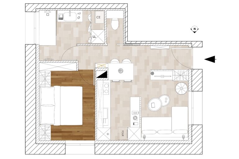 Plan APD d’un appartement T2 à Varces avec implantation détaillée des espaces, de la cuisine et de la salle de bain.