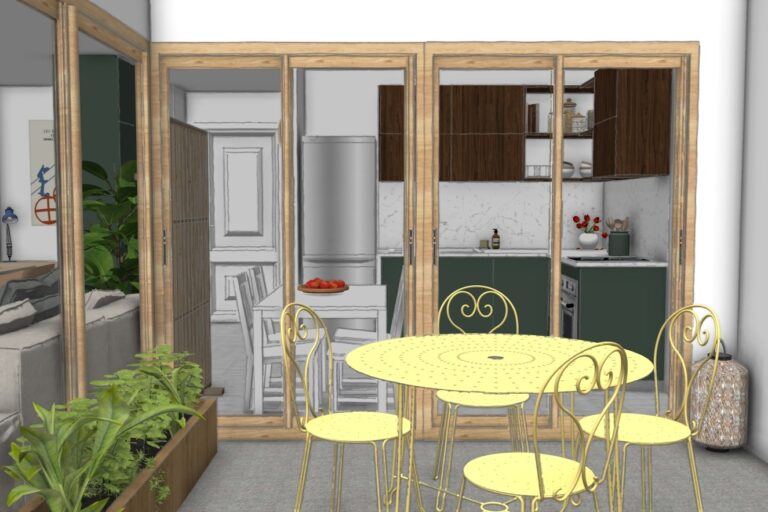 Vue 3D depuis la terrasse vers la cuisine et la pièce de vie du T2 Le Séléné à Grenoble