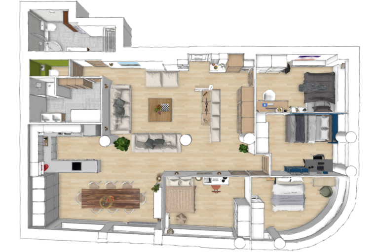 Vue d’ensemble en 3D d’un ancien local professionnel transformé en colocation étudiante à Grenoble avec 4 chambres, espaces communs et cuisine ouverte.
