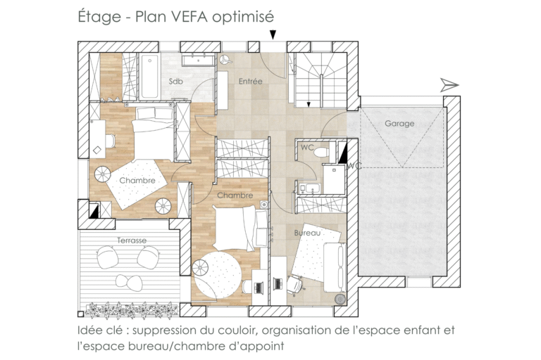 Plan VEFA optimisé de l’étage du projet Villa K, avec suppression du couloir et création d’un bureau/chambre d’appoint.