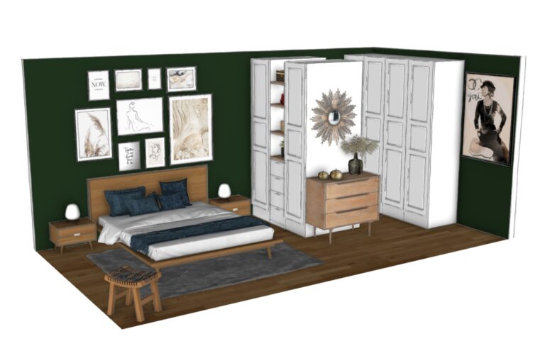 Vue 3D après projet – suite parentale chic avec mur vert profond, cadres décoratifs et dressing blanc sur mesure