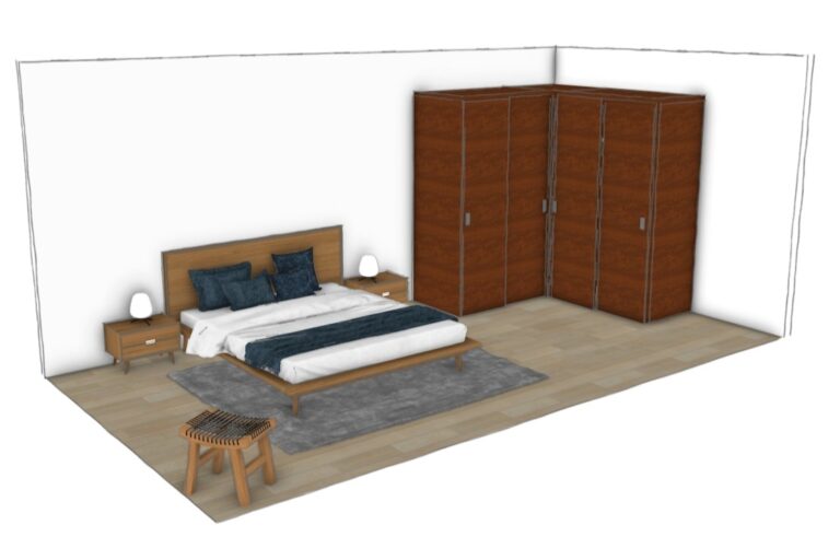 Vue 3D avant projet – chambre brute sans décoration, volume simple avec un grand placard d’angle bois foncé