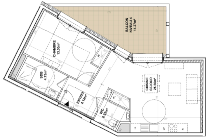 Plan VEFA initial d’un appartement T2 de 52 m² avec balcon – projet Le Porte de France à Grenoble