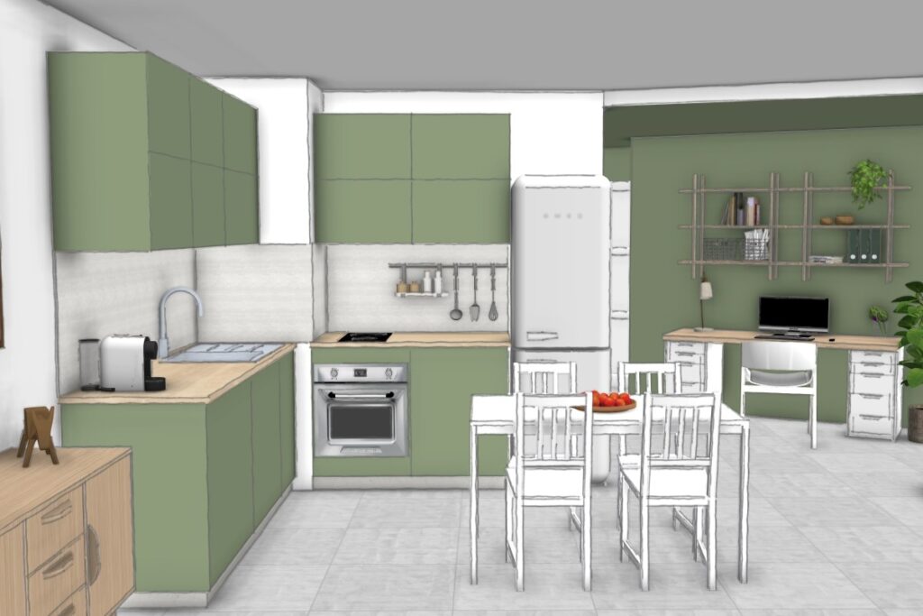 Vue d’ensemble d’un T2 en VEFA réorganisé avec cuisine, coin bureau et espace repas – optimisation locative à Grenoble