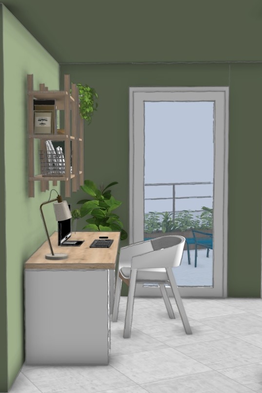 Coin bureau aménagé dans une alcôve, avec rangements muraux et mur vert sauge – projet d’investissement locatif optimisé