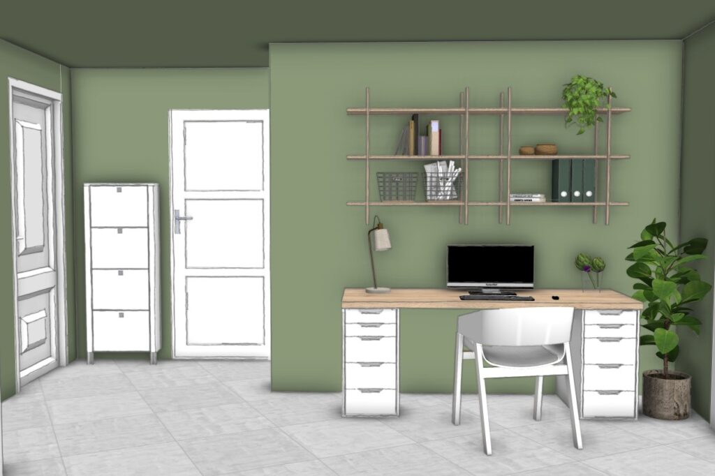 Bureau aménagé dans une alcôve verte avec rangements, étagères murales et décoration végétale – projet d’optimisation pour location