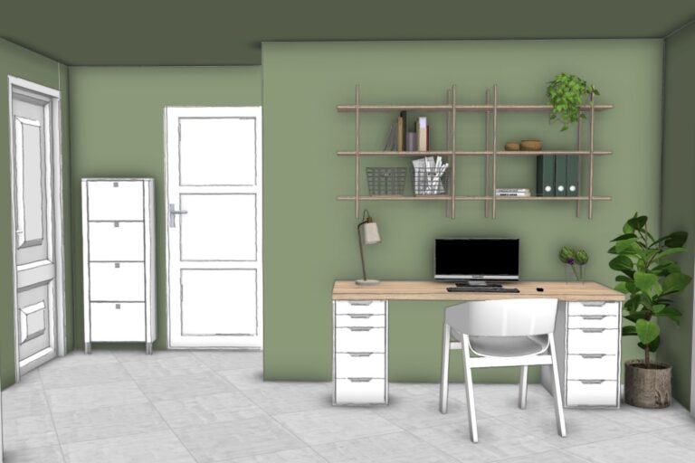 Bureau aménagé dans une alcôve verte avec rangements, étagères murales et décoration végétale – projet d’optimisation pour location