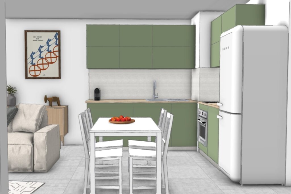 Cuisine sur-mesure avec façades vert sauge, plan de travail bois clair et électroménager intégré – optimisation d’un appartement VEFA