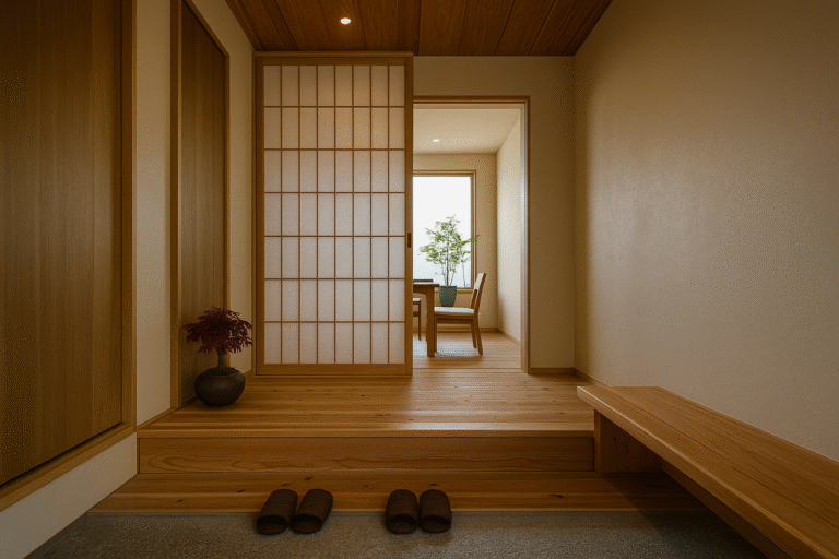 Aménagement d’entrée de style japonais genkan avec sol en pierre et banc en bois