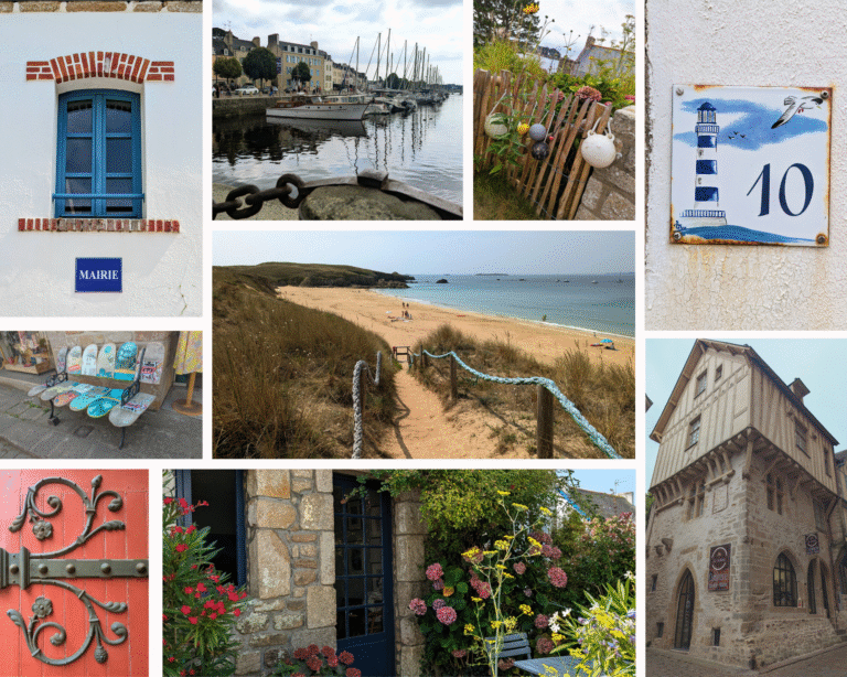 Mosaïque de détails bretons : façades colorées, port animé, plage sauvage, portes anciennes et jardins fleuris, sources d’inspiration pour l’architecture d’intérieur.