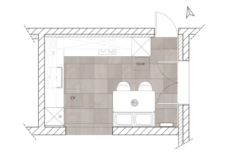 Plan APS 1 proposant une première refonte de la cuisine avec maintien d’une table de repas et redistribution des zones fonctionnelles.