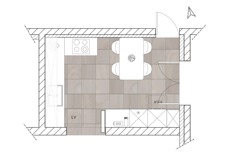 Plan APS 2 présentant une implantation en L avec retour snack et plan de travail supplémentaire pour plus de confort et de convivialité.