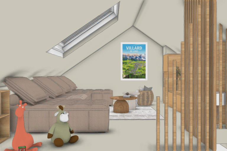 Aménagement de combles avec mezzanine et claustra bois ajouré, projet Bulle Intérieure.