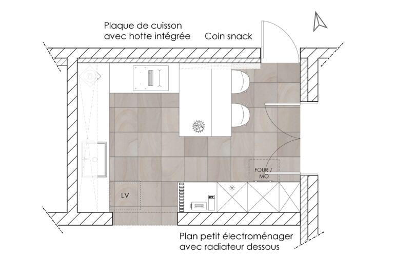 Plan APD annoté du projet Émeraude, indiquant la plaque de cuisson avec hotte intégrée, le coin snack et le plan dédié au petit électroménager avec radiateur intégré dessous.