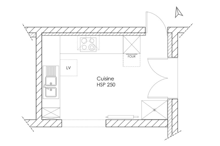 Plan d’état des lieux de la cuisine avant rénovation, montrant une implantation datée avec table centrale et peu de rangements.
