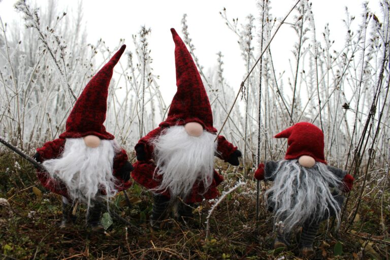 Trois lutins de Noël en habits rouges marchant dans un paysage d’herbes givrées.