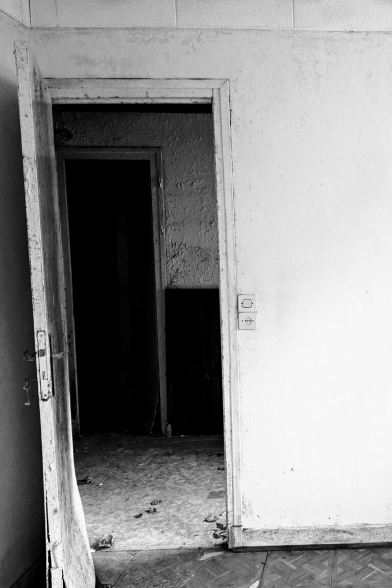 Circulation intérieure dégradée avant rénovation dans un T2 à Varces avec cloisonnement et état vétuste.