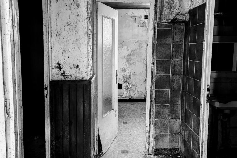 Circulation dégradée avant rénovation dans un T2 à Varces avec murs abîmés et organisation vétuste.