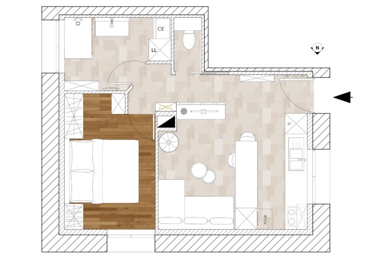 Proposition APS 1 intégrant la cuisine à l’emplacement souhaité initialement par le client dans un T2 à Varces.