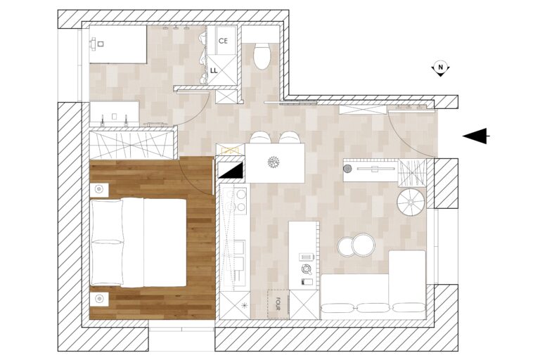 Proposition APS 3 optimisant la circulation, le confort et la lisibilité des espaces dans un T2 à Varces.