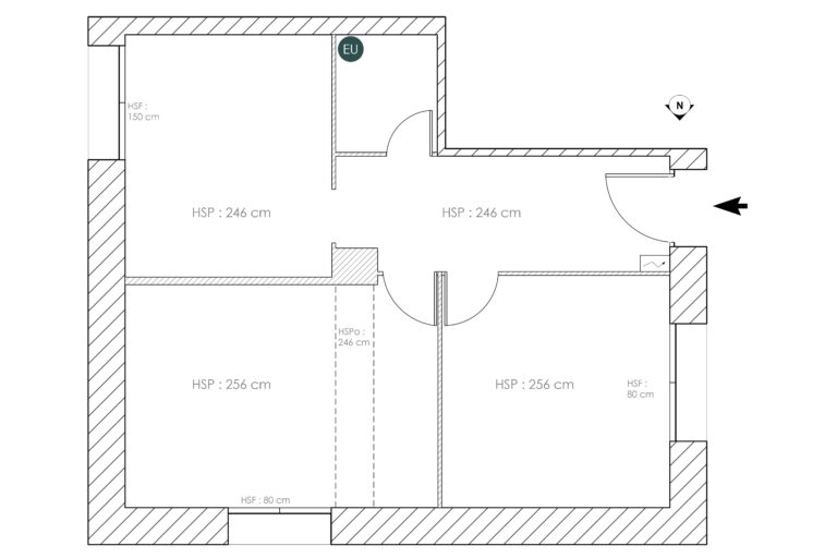 Plan de l’état des lieux d’un appartement T2 à Varces avec organisation existante des pièces et contraintes structurelles.