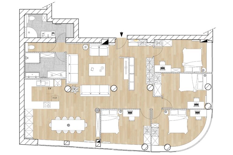 Plan d’aménagement d’un ancien local professionnel transformé en colocation étudiante avec 4 chambres et espaces communs à Grenoble.