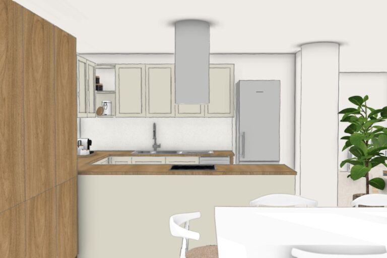 Projection 3D d’une cuisine réaménagée dans une colocation étudiante à Grenoble.