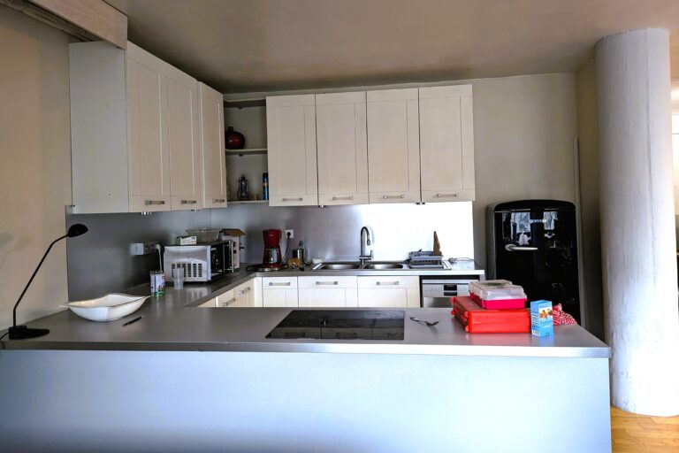 Photo de la cuisine existante conservée dans un projet de transformation en colocation étudiante à Grenoble.