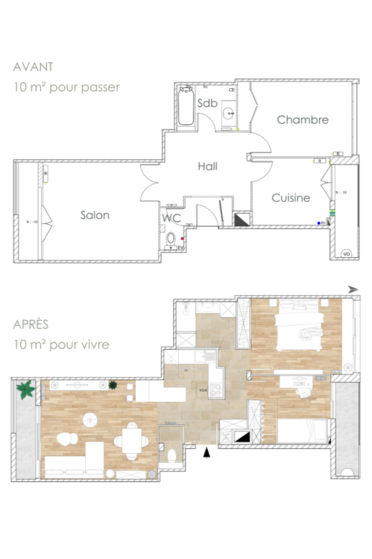 Plan avant après montrant la transformation d'un grand hall en espaces utiles grâce à une meilleure optimisation de l'aménagement