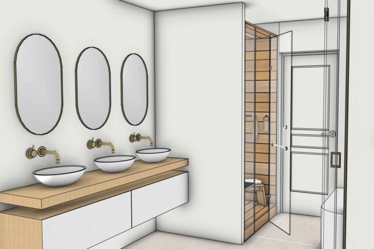Vue 3D d’une salle de bains conçue en phase APD par une architecte d’intérieur