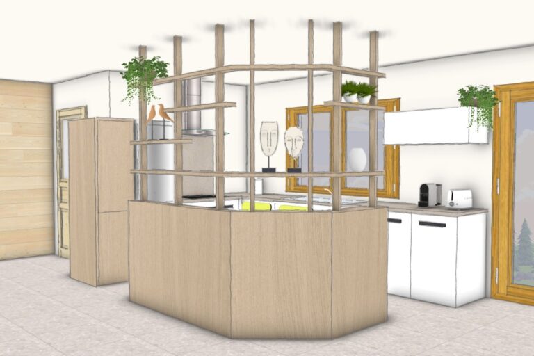 Conception 3D d’un meuble séparatif sur mesure entre cuisine et pièce de vie