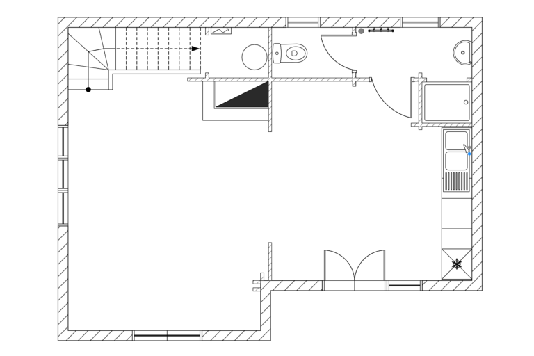 Plan état des lieux du rez-de-chaussée d’un chalet à Méaudre avant rénovation