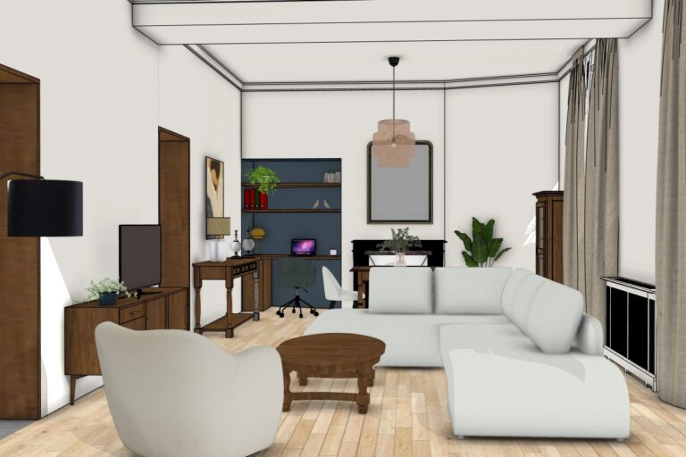 Vue 3D d'un salon avec canapé d'angle blanc, fauteuil, espace bureau aménagé dans une alcôve et coin repas à l'arrière-plan.