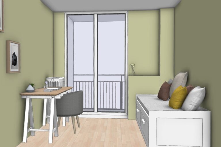 Vue 3D de la nouvelle chambre bureau créée dans l’appartement La Socca à Grenoble