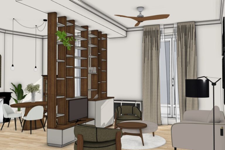 Vue 3D d'une bibliothèque séparative en bois avec rangements et télévision intégrée, délimitant le salon et la salle à manger.