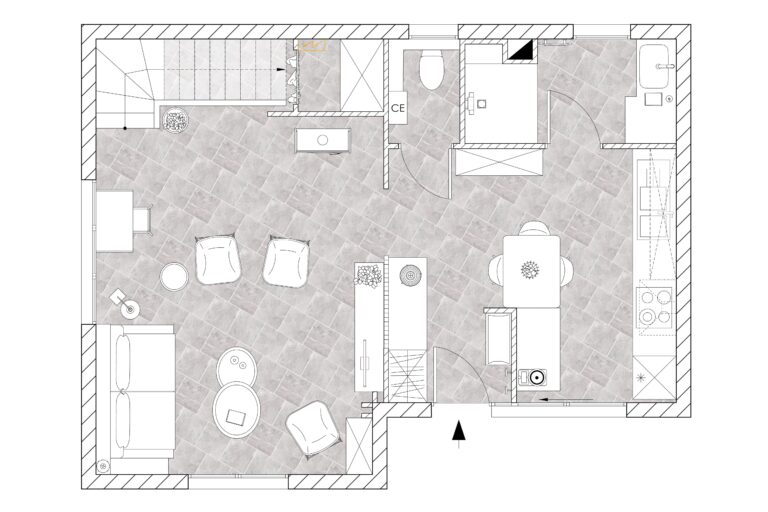 Plan 2D d'un chalet réaménagé à Méaudre, avec entrée délimitée par une demi-cloison, cuisine optimisée et salon ouvert.