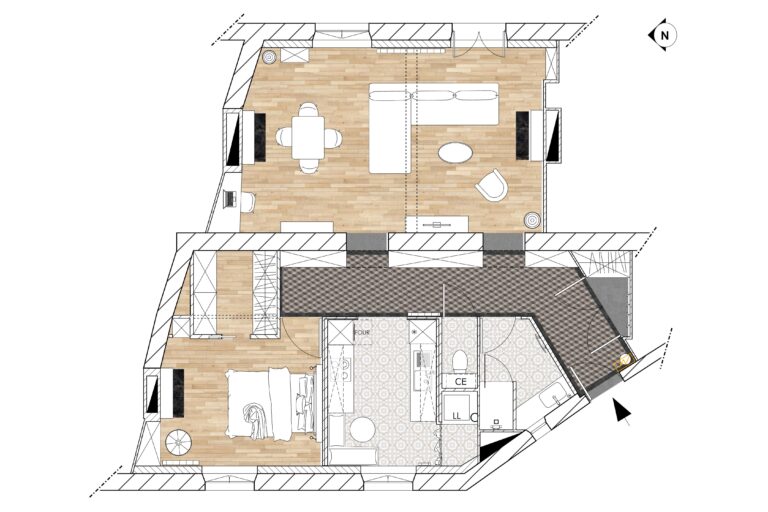 Plan 2D d'un appartement réaménagé avec salon, salle à manger, chambre, cuisine et salle de bains.